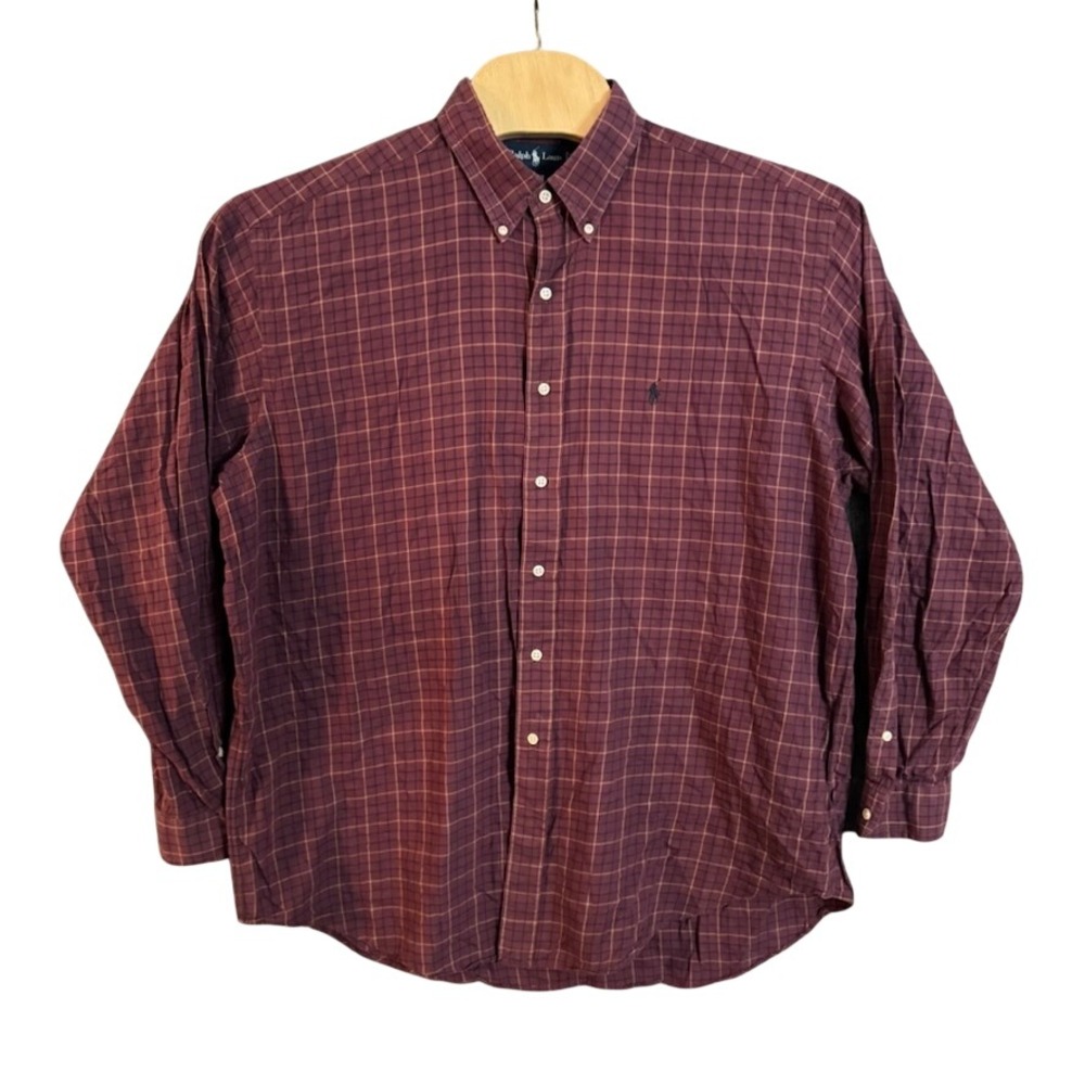 Ralph Lauren Blake Mens XL Burgundy Plaid Cotton Button Down Shirt Long Sleeve